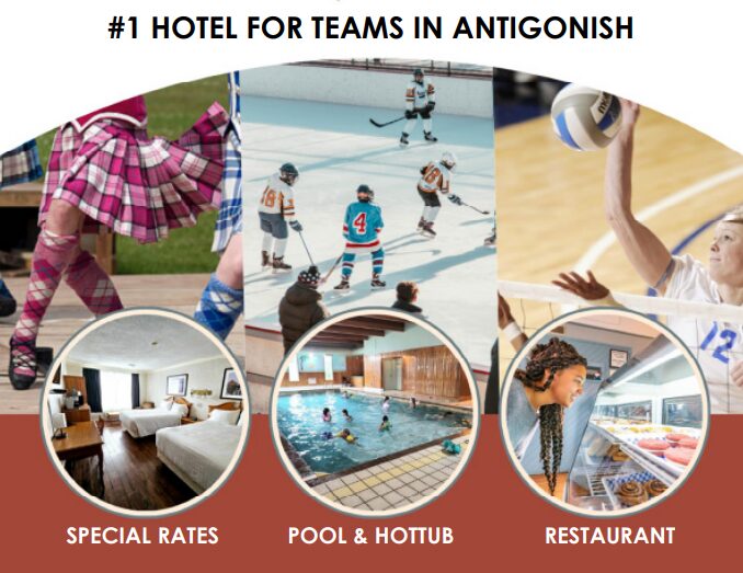 Images of teams, hotel rooms, pool and restaurant.